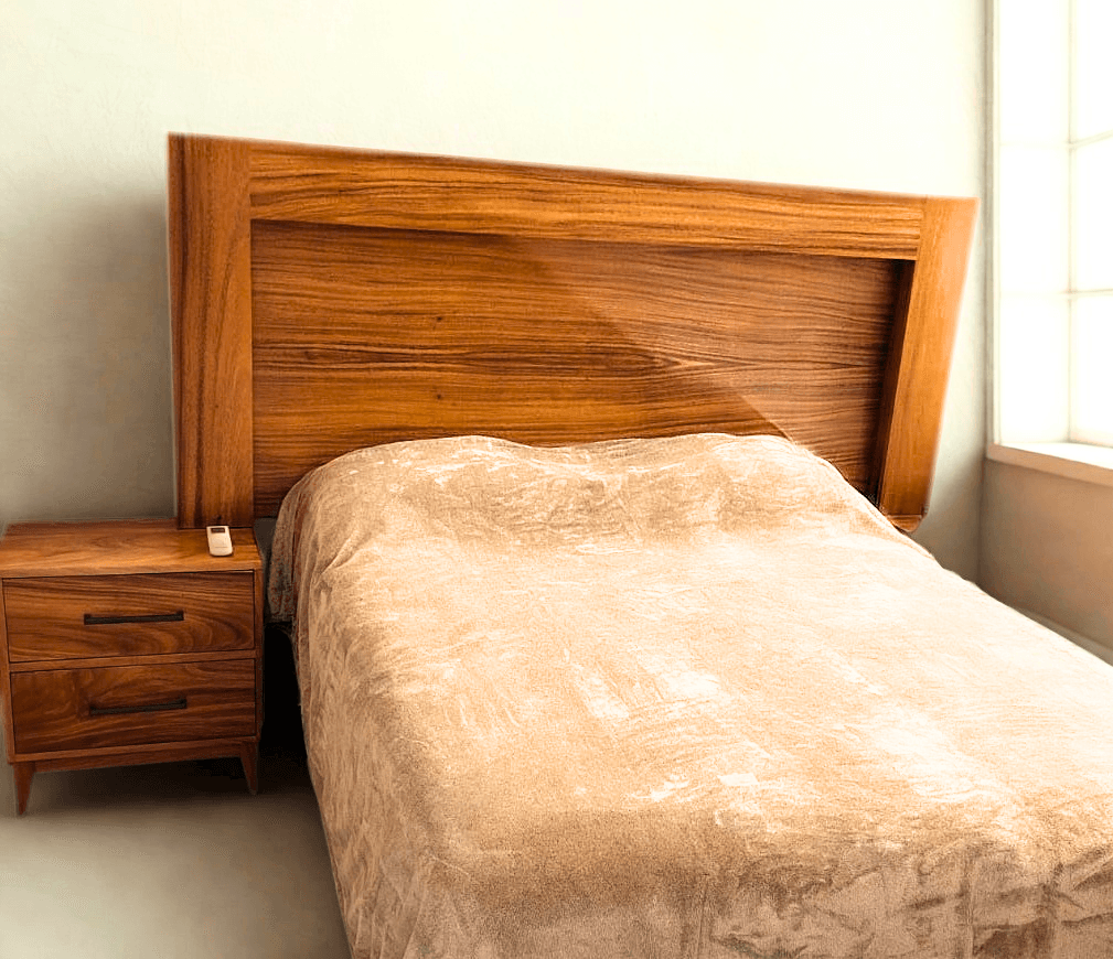 Custom wood headboard with matching nightstands