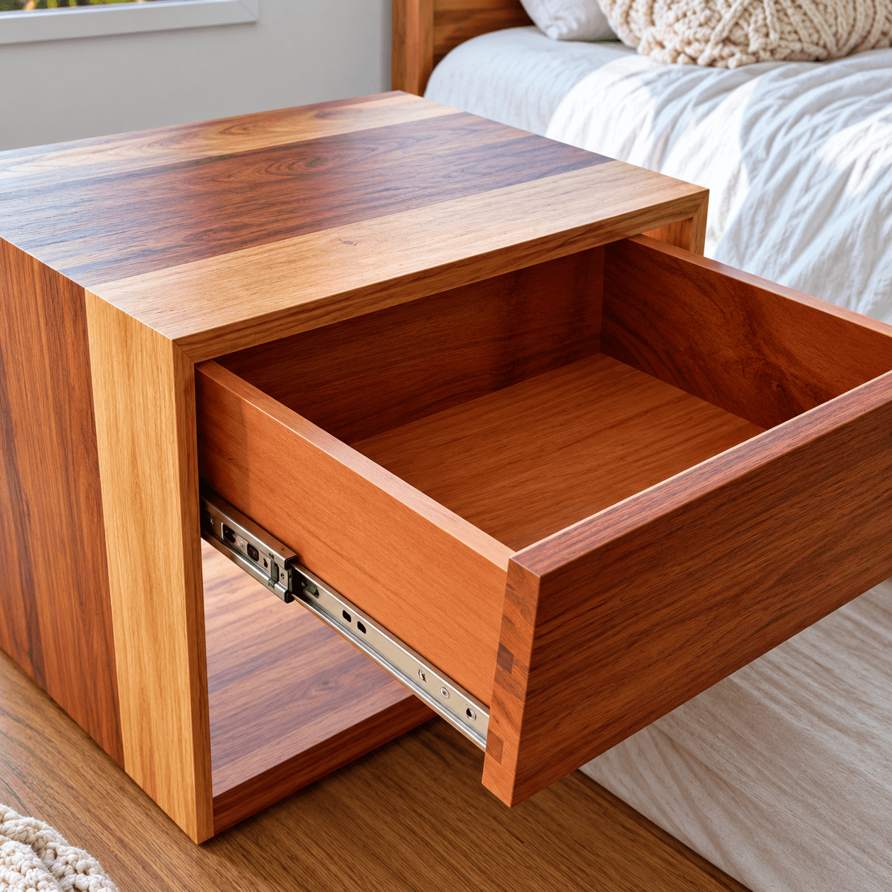 Custom wood bedside table with a single drawer