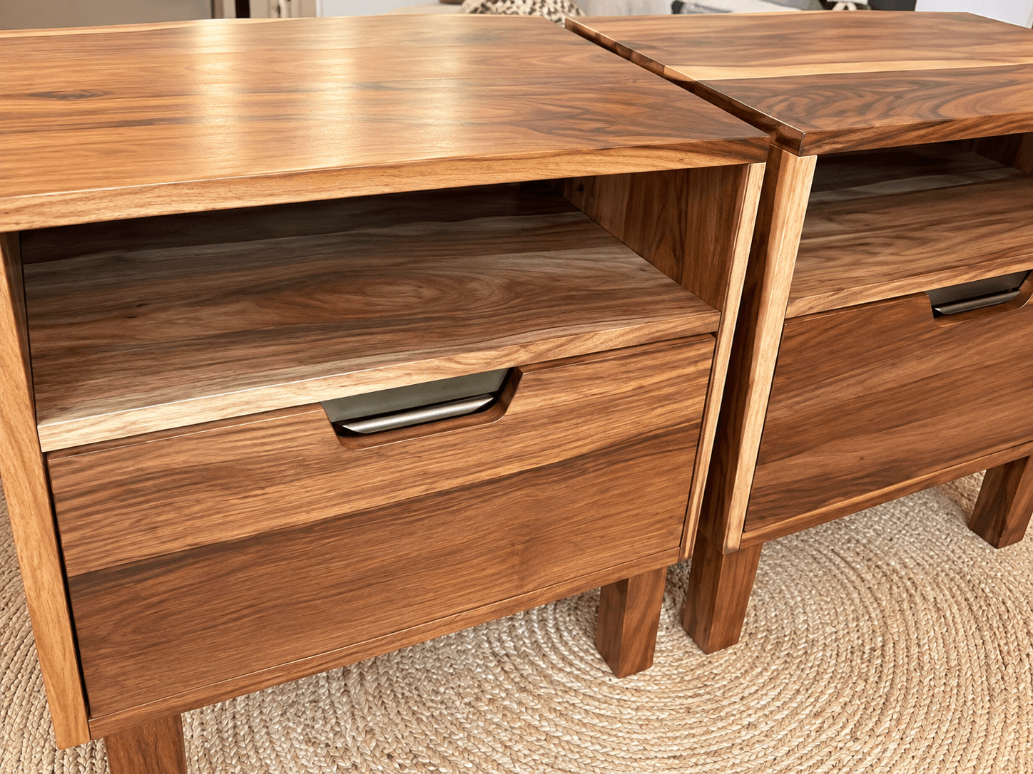 Custom wood nightstand with open shelving