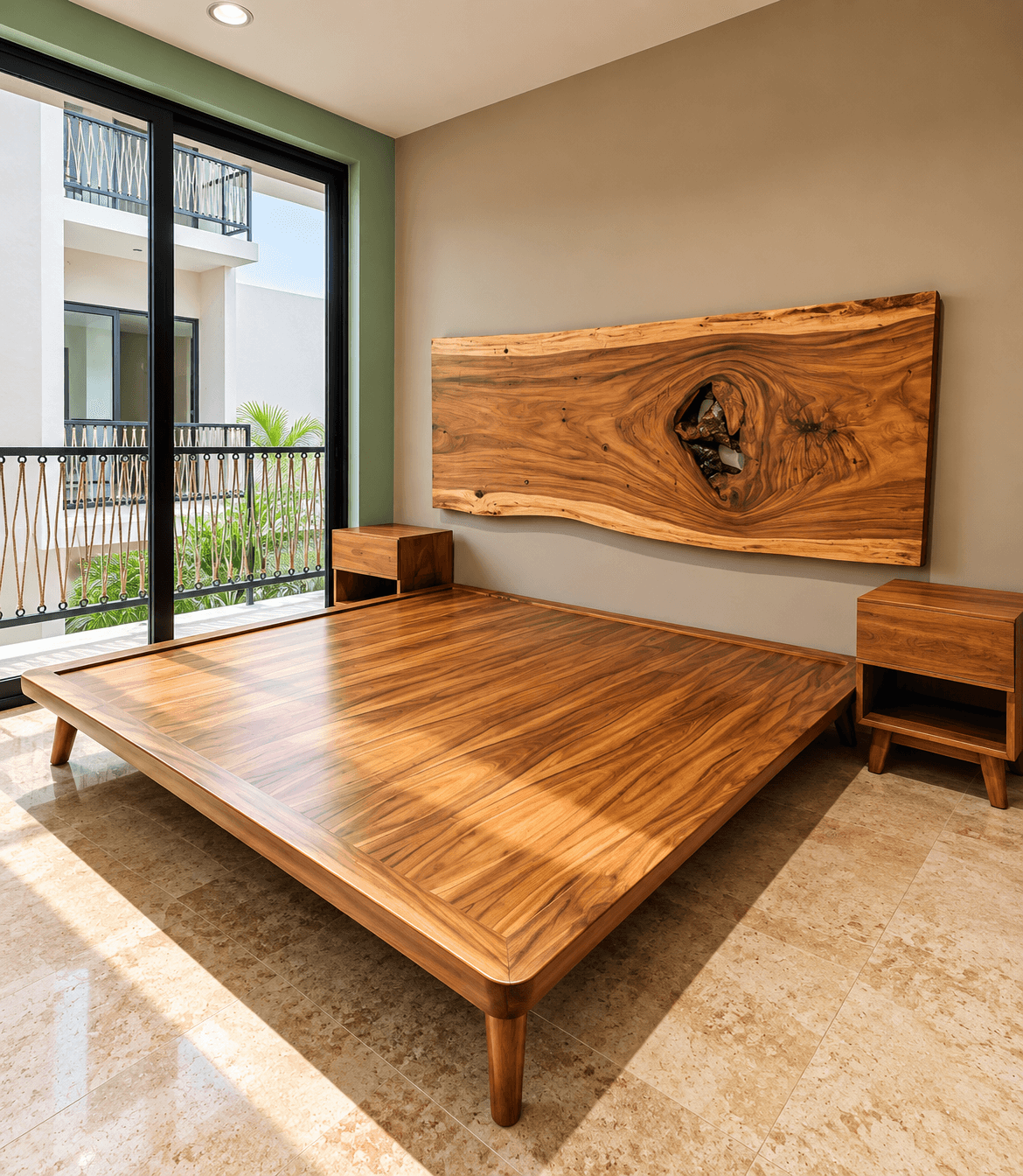 Live-edge wood bedroom furniture piece with natural wood grain