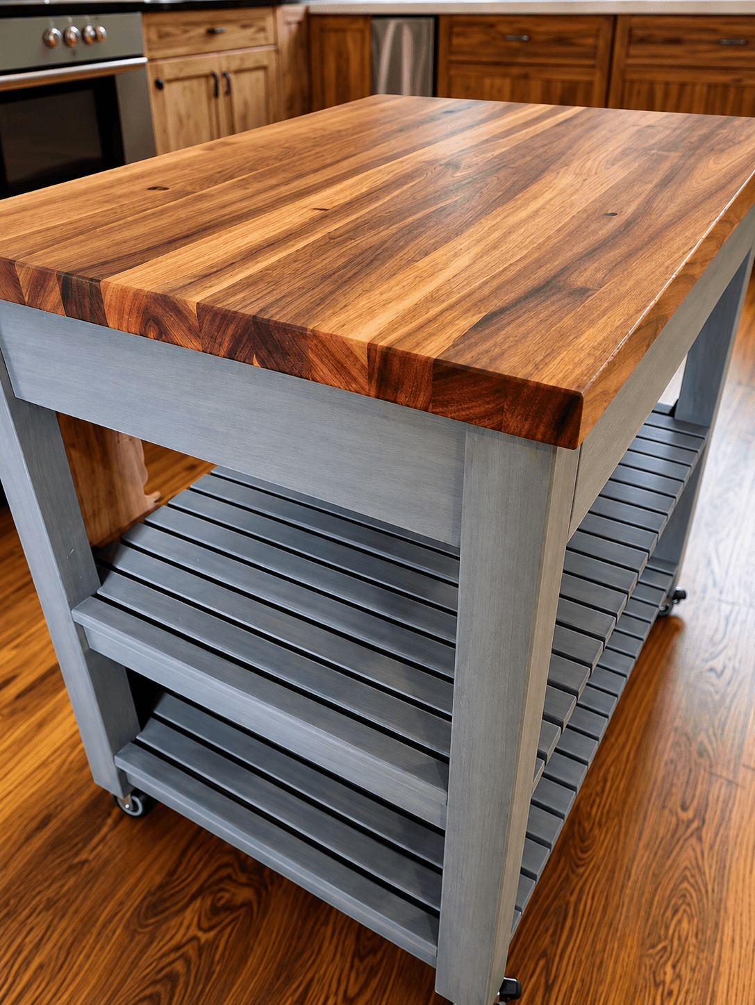Custom wood kitchen island with storage and seating