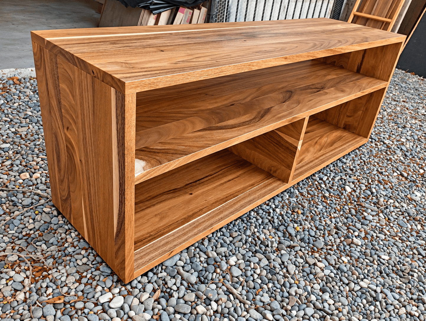Custom wood television console with storage