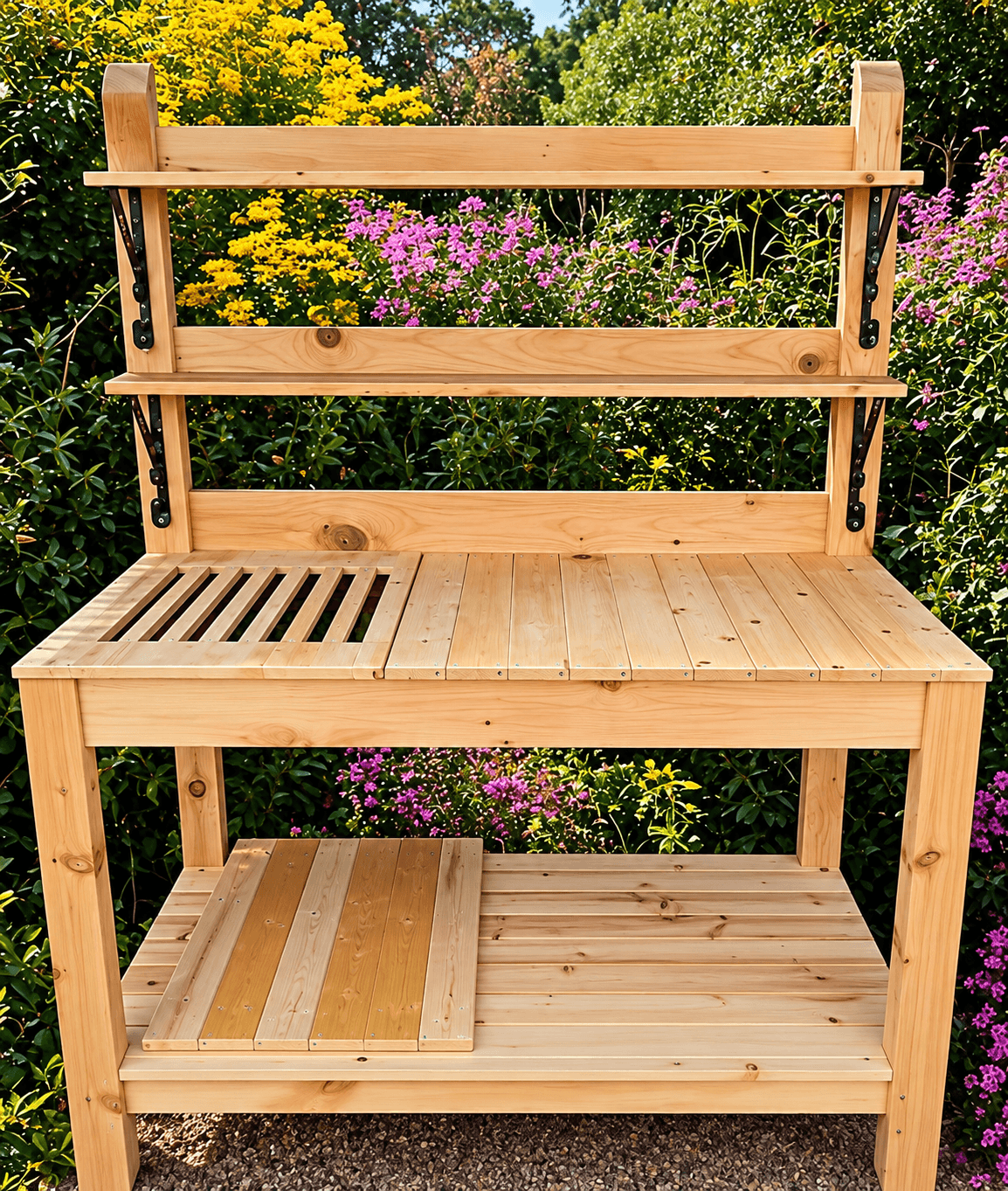 Custom wood bench built with an integrated planter