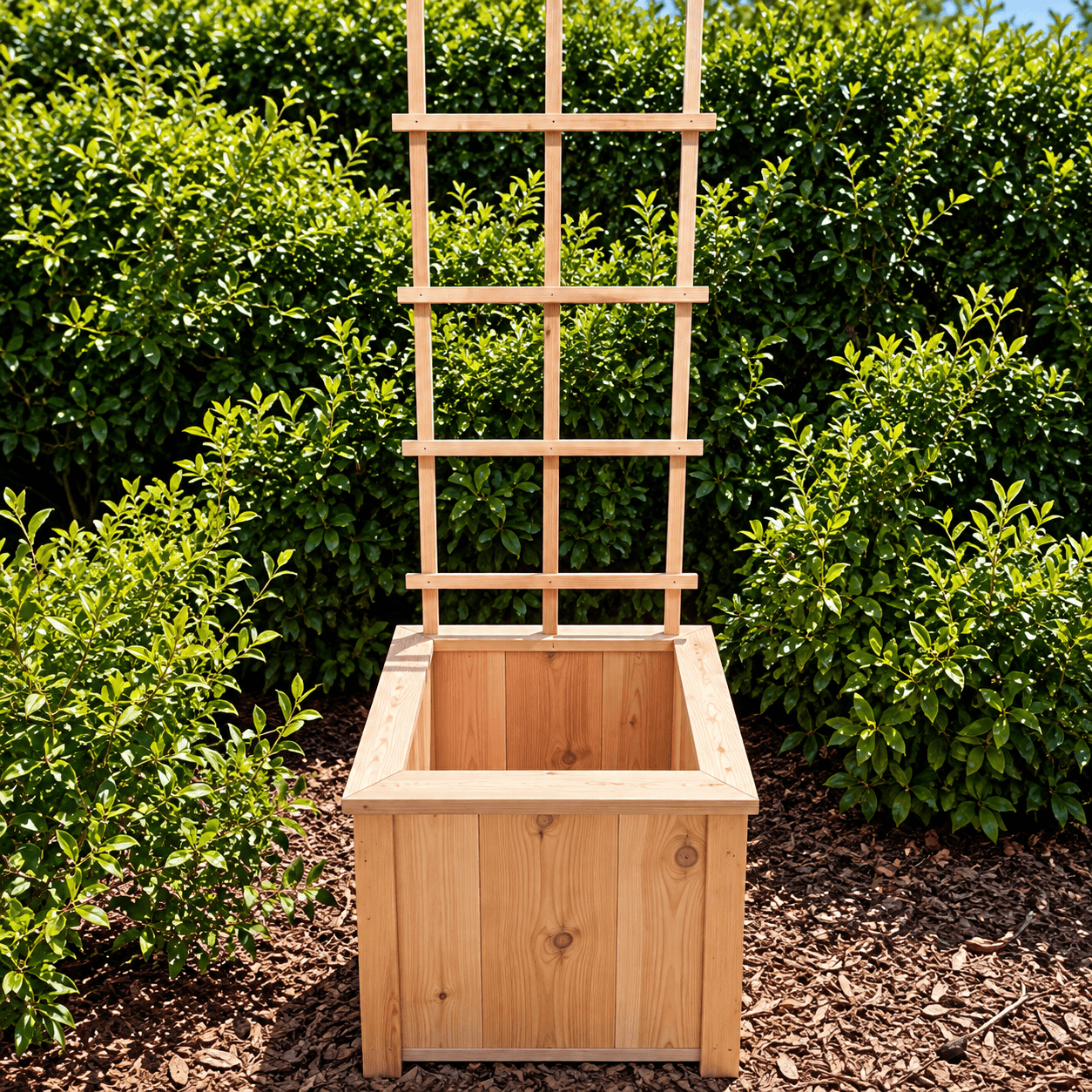 Custom wood planter with an attached trellis