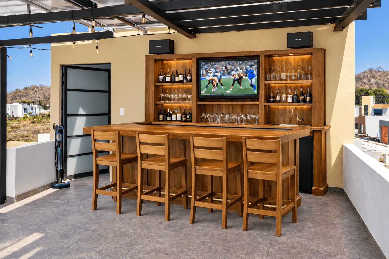 Custom wood bar and cabinetry