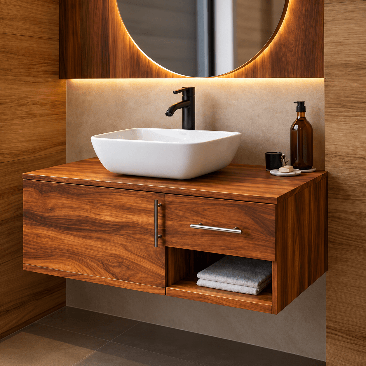 Custom wood bathroom vanity and countertop
